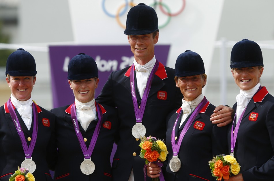 Team GB's equestrian silver winners Nicola Wilson, Zara Phillips, William Fox-Pitt, Mary King and Kristina Cook at London 2012 Olympic Games in Greenwich Park