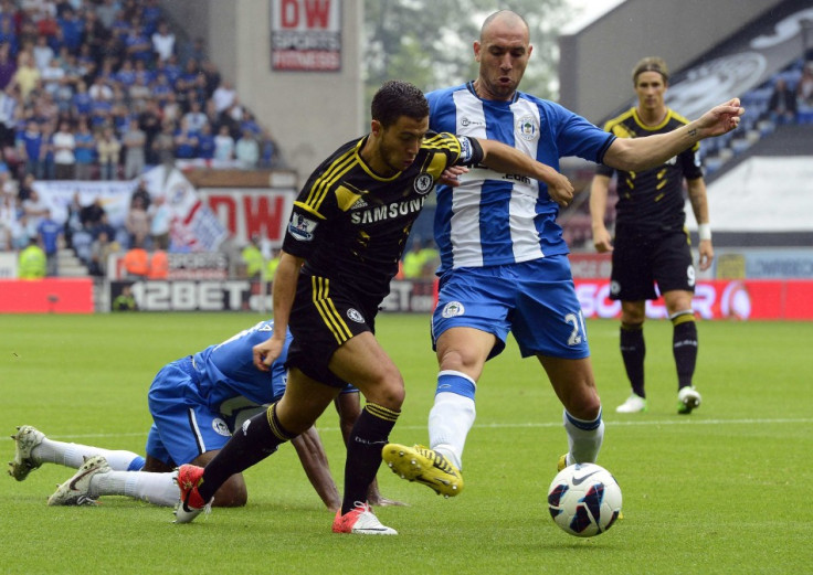 Wigan Athletic's Ivan Ramis Fouls Chelsea's Eden Hazard