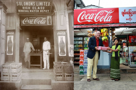 A Coca-Cola distribution point in Yangon in 1927 and in right: Muhtar Kent, Chairman and CEO of The Coca-Cola Company, delivers one of the first cases of Coca-Cola by the Company in over 60 years to local shop Chann Myae Thar in Yangon, Myanmar. (Photo: T