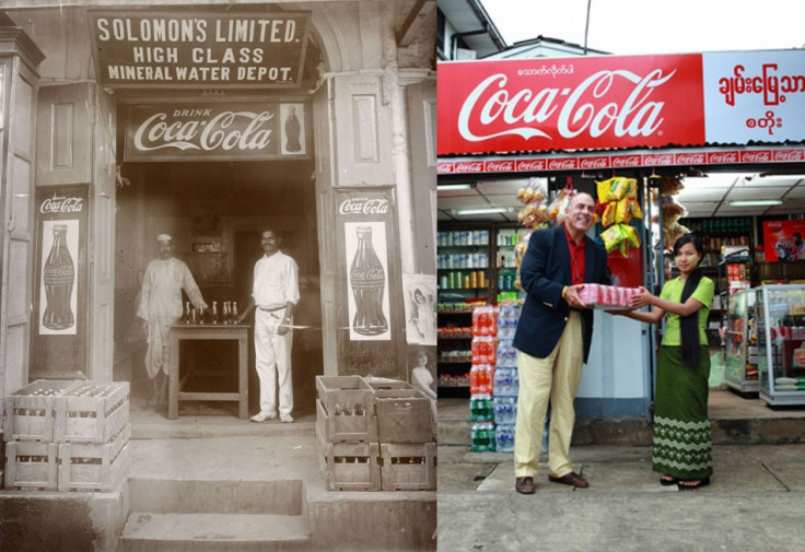 A Coca-Cola distribution point in Yangon in 1927 and in right: Muhtar Kent, Chairman and CEO of The Coca-Cola Company, delivers one of the first cases of Coca-Cola by the Company in over 60 years to local shop Chann Myae Thar in Yangon, Myanmar. (Photo: T