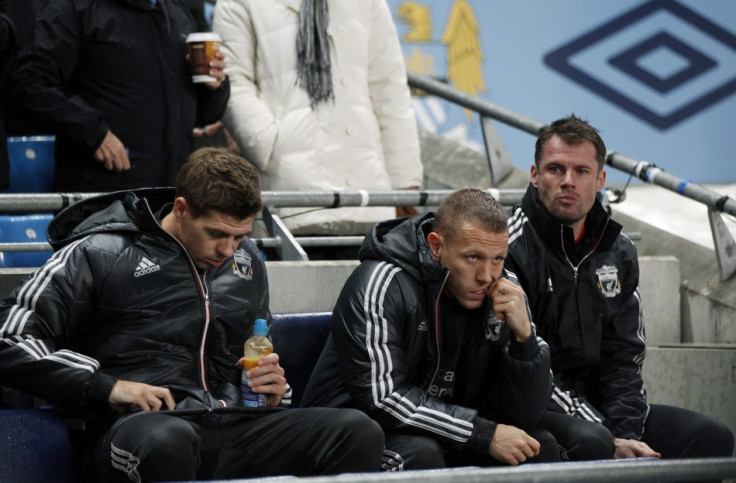 Steven Gerrard (L), Craig Bellamy and Jamie Carragher (R)
