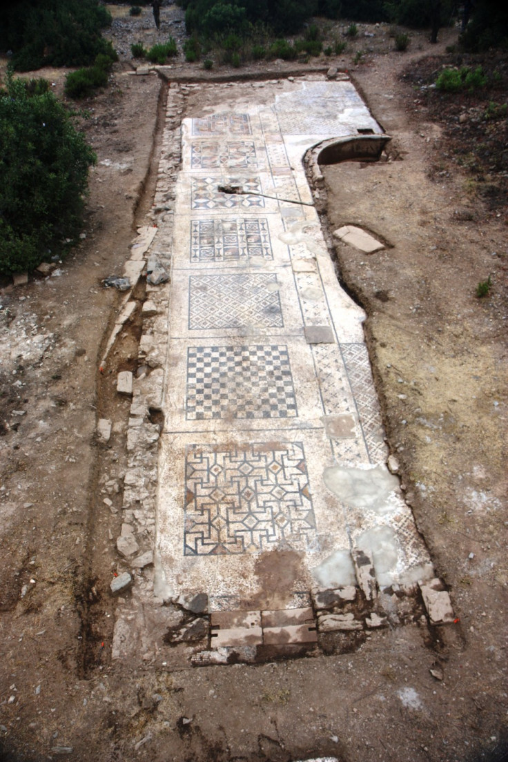 An overhead perspective of the roughly 40 percent of the mosaic uncovered so far. Researchers expect its total area to be about 1,600 square feet when fully unearthed next summer. (Photo: University of Nebraska-Lincoln)