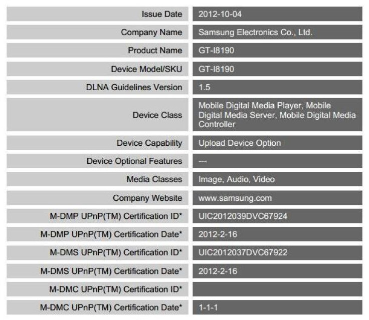 DLNA certification for Galaxy S3 Mini GT-I8190 Spotted