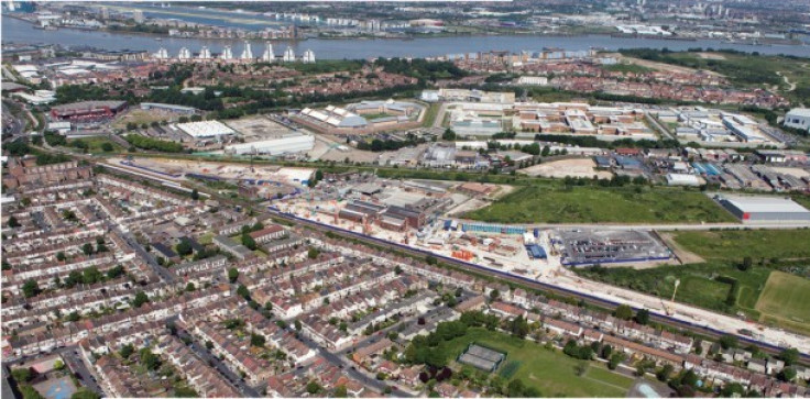 Plumstead's aerial view  looking north across the Thames, where Crossrail's tunnels under the river will be constructed. Archaeologists have found Bronze Age remains of a transport route at the site. (Photo: Crossrail Ltd)