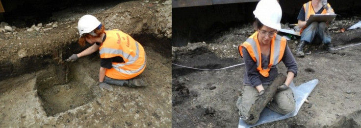 An archaeologist digs at the site where Bronze Age remains of a transport route have been found (L); she shows one of the wooden stakes found. (Photo: Crossrail Ltd)