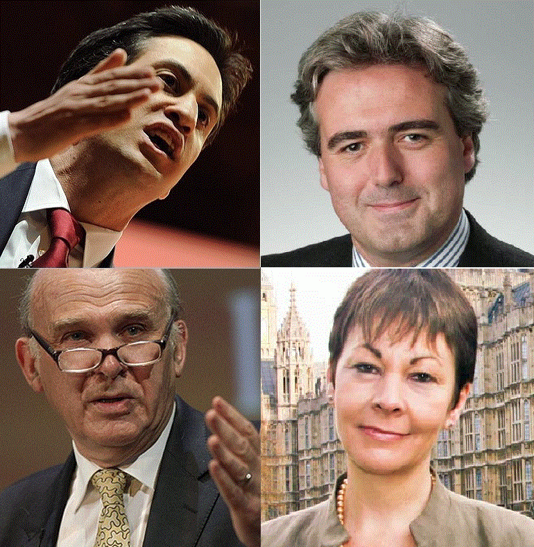 (Clockwise Left to Right) Ed Miliband for Labour, Mark Garnier for Conservative, Caroline Lucas for Green Party, Vince Cable for Liberal Democrats (Photo: Reuters, carolinelucas.org, markgarnier.org)
