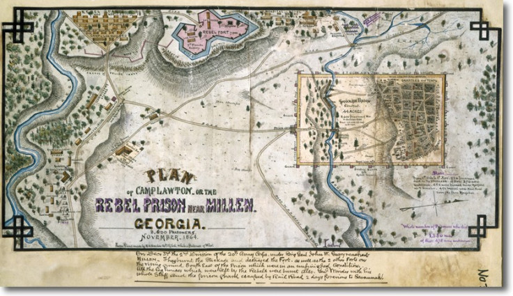 Map of Camp Lawton in 1864. The exact location of the camp have been lost to time but archaeologists now claim to have found remains of the camp in Millen, Georgia. (Photo: Virginia Historical Society/U.S. Fish and Wildlife Service)