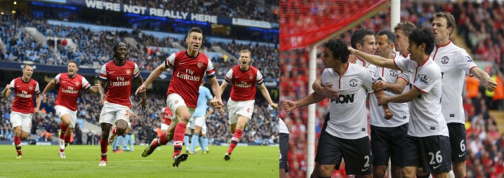 Arsenal (R) and Manchester United Players Celebrate Goals