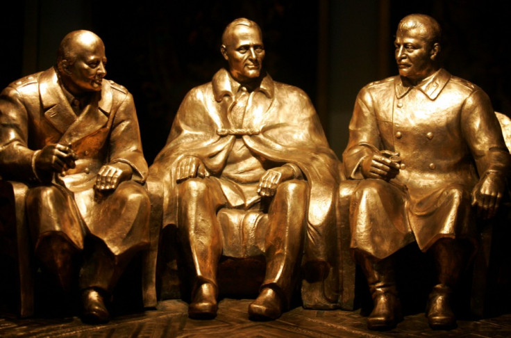 Sculpture of iconic snap from Yalta of (l-r) Churchill, Roosevelt and Stalin