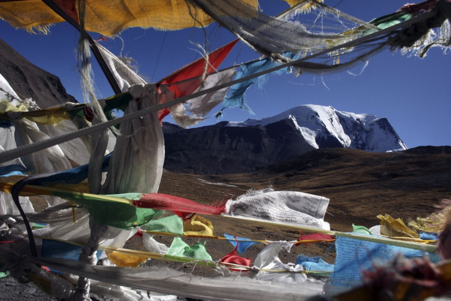 The Kharola glacier is seen through Tibetan praying flags