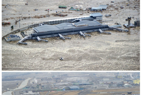 The tsunami-devastated Sendai airport in Miyagi prefecture, is seen in these images taken March 11, 2011 (top) and March 2, 2012, in this combination photo released by Kyodo on March 7, 2012, ahead of the one-year anniversary of the March 11 earthquake an