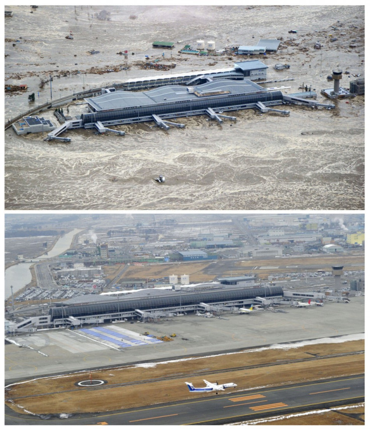 The tsunami-devastated Sendai airport in Miyagi prefecture, is seen in these images taken March 11, 2011 (top) and March 2, 2012, in this combination photo released by Kyodo on March 7, 2012, ahead of the one-year anniversary of the March 11 earthquake an