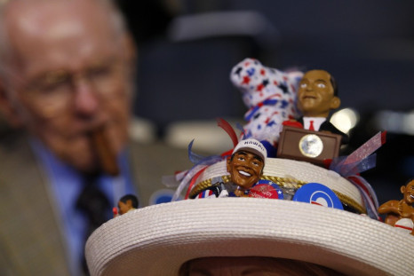 Mississippi delegate wears a har adorned with miniature figures of President Barack Obama