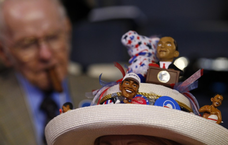 Mississippi delegate wears a har adorned with miniature figures of President Barack Obama