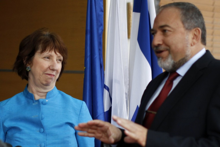 Israel's Foreign Minister Lieberman and European Union foreign policy chief Ashton speak to the media in Jerusalem