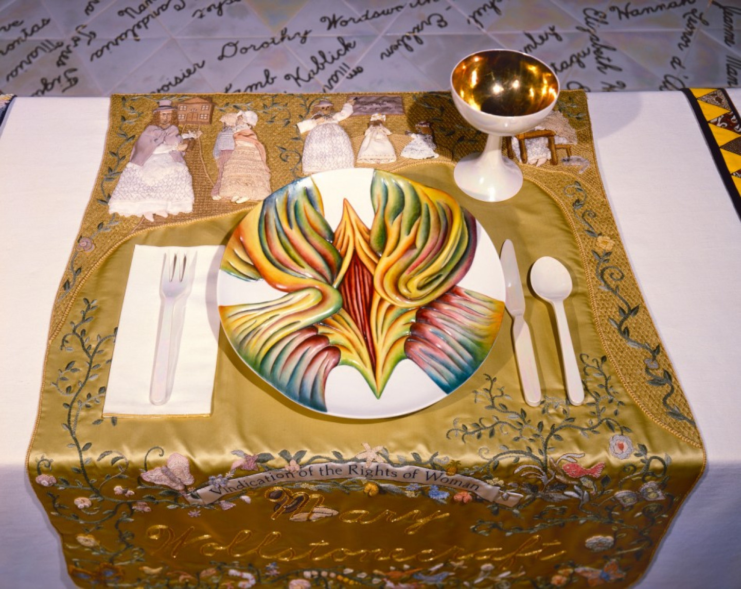 The Dinner Party – Detail Mary Wollstonecraft Placesetting © Judy Chicago, 1979,  collection of the Elizabeth A. Sackler Center for Feminist Art Brooklyn Museum of Art, photo © Donald Woodman