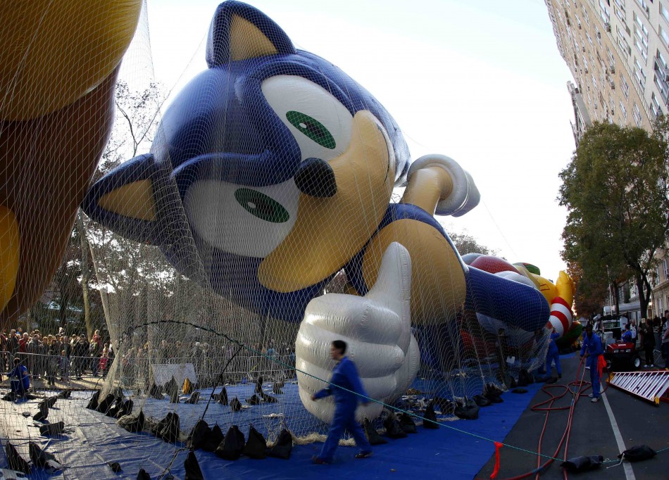 Balloon in the shape of Sonic the Hedgehog gets inflated with helium ahead of the Macys Thanksgiving Parade in New York