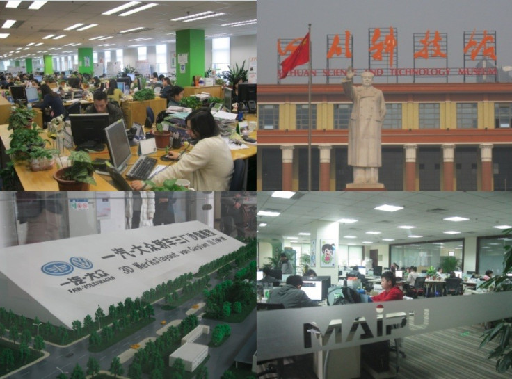 Chengdu's workforce and industry: (L-R) Damco's young office, Chairman Mao Statue in front of a university in Tianfu Square, model of the VW factory park, part of Maipu's R