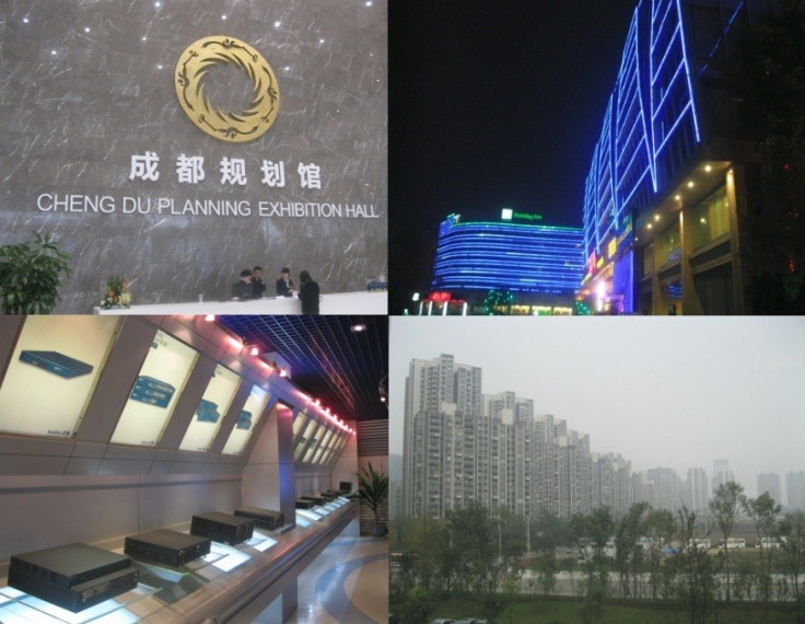 Chengdu China Development: (L-R) Chengdu Planning Exhibition Hall, Chengdu's Hi-Tech Zone, network equipment at Maipu, Chengdu's new Silicon Valley employees residences (Photos: Lianna Brinded)