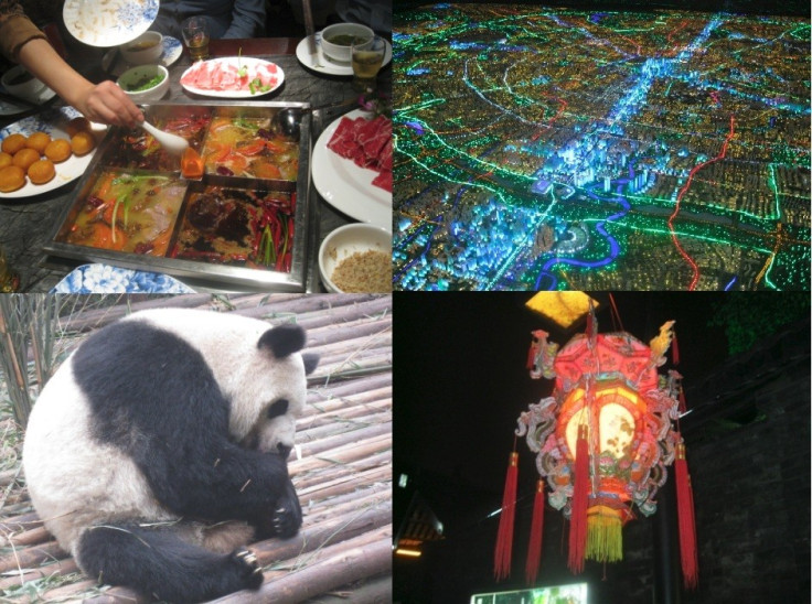 Chengdu, China Culture: (L-R) Chengdu hotpot in Jin Li Street, 3D map of Chengdu at Chendu Central Planning Exhibition, Panda from Chengdu Panda Base and a lantern from Kuan Zhai Xiang Zi (Photos: Lianna Brinded)