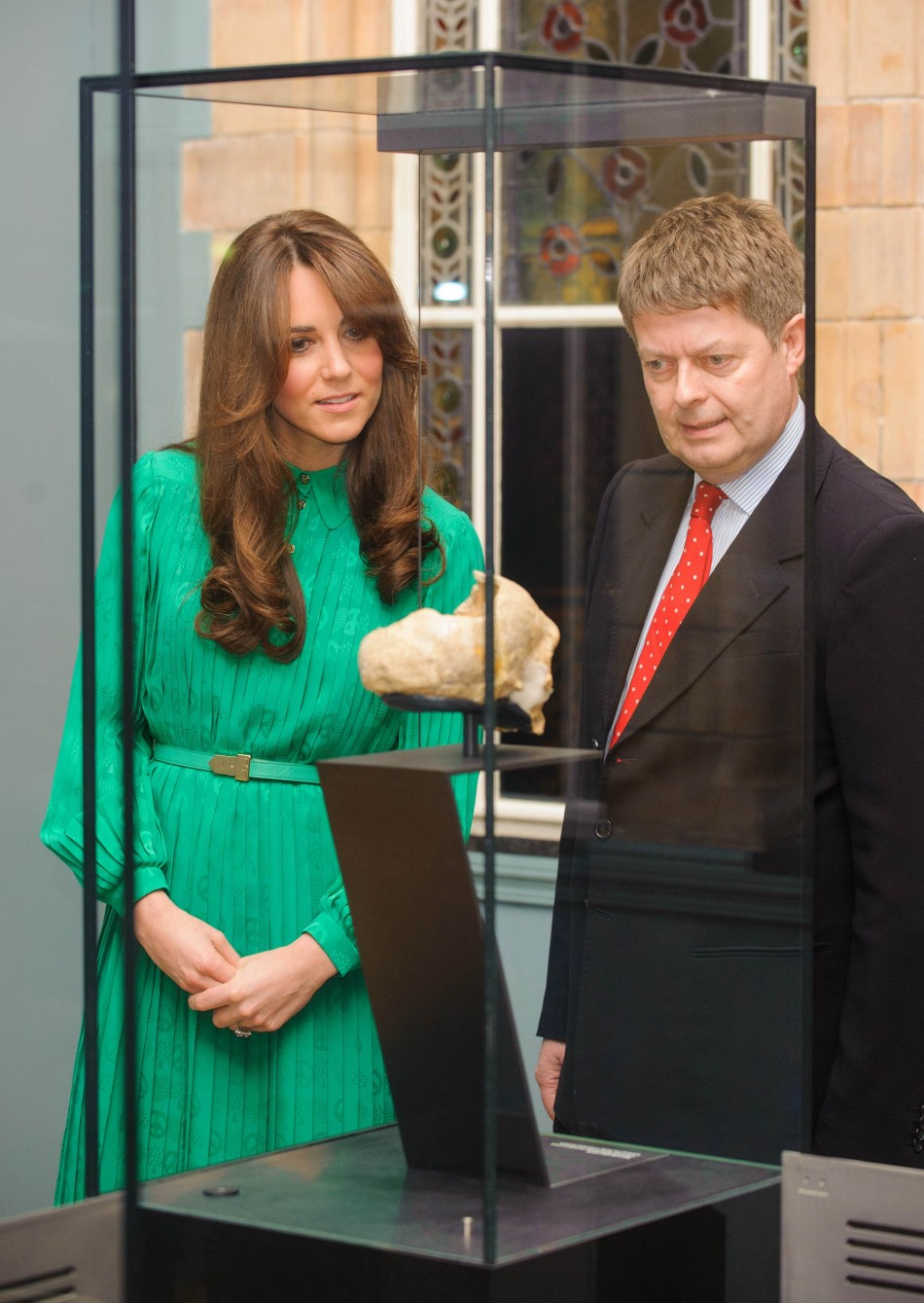 Duchess of Cambridge and the Director of the Natural History Museum Michael Dixon view an exhibit at the Natural History Museum, in central London