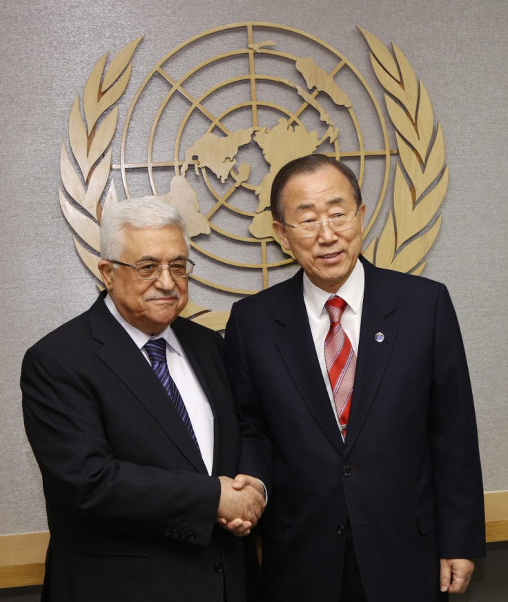 Palestinian President Abbas shakes hands with U.N. Secretary General Ban at the U.N. headquarters in New York