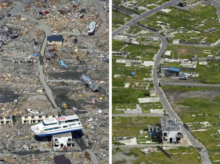A combination photo shows a tsunami-devastated area in Otsuchi, Iwate prefecture