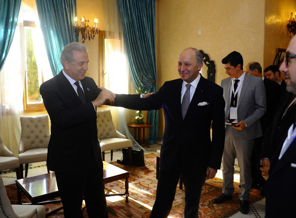 Saudi Arabia's Foreign Minister Saud speaks with his French counterpart Fabius after a Saudi Arabia's Foreign Minister Saud speaks with his French counterpart Fabius after a