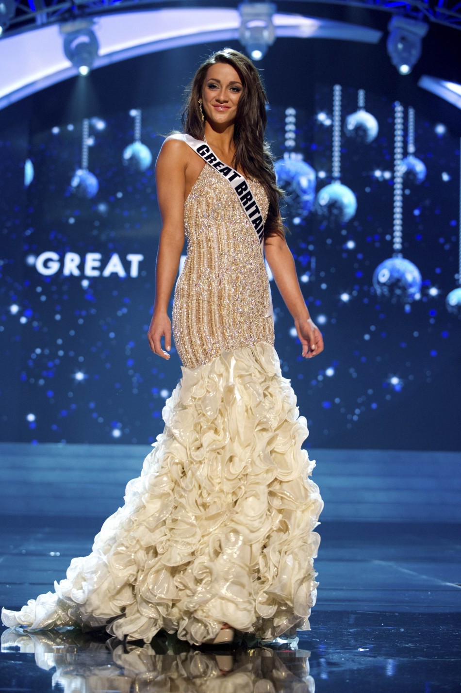 Miss Great Britain 2012 Hale competes in an evening gown of her choice during the Evening Gown Competition of the 2012 Miss Universe Presentation Show in Las Vegas