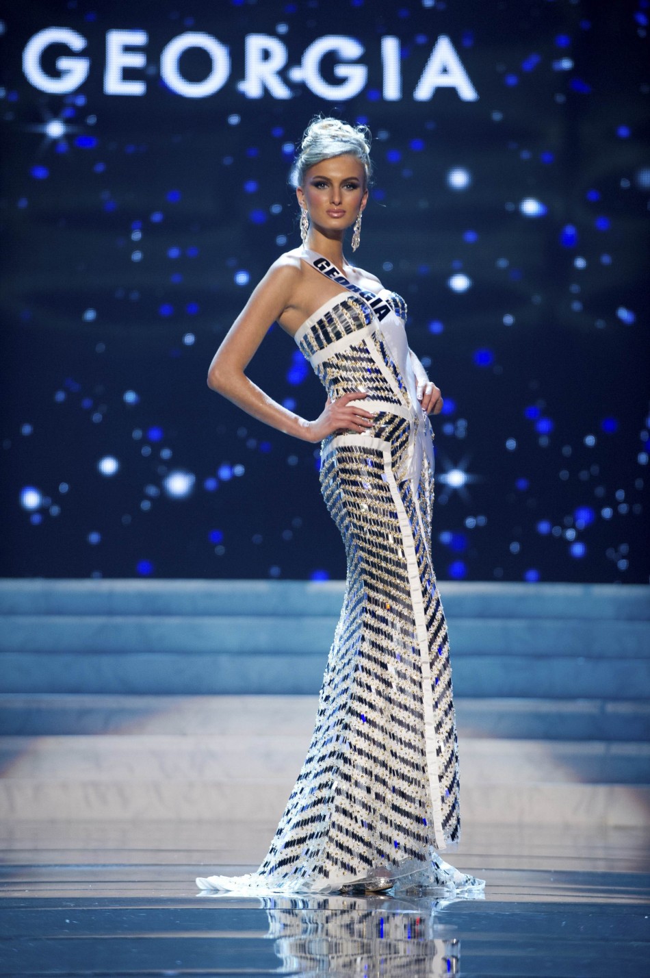 Miss Georgia 2012 Shedania competes in an evening gown of her choice during the Evening Gown Competition of the 2012 Miss Universe Presentation Show in Las Vegas