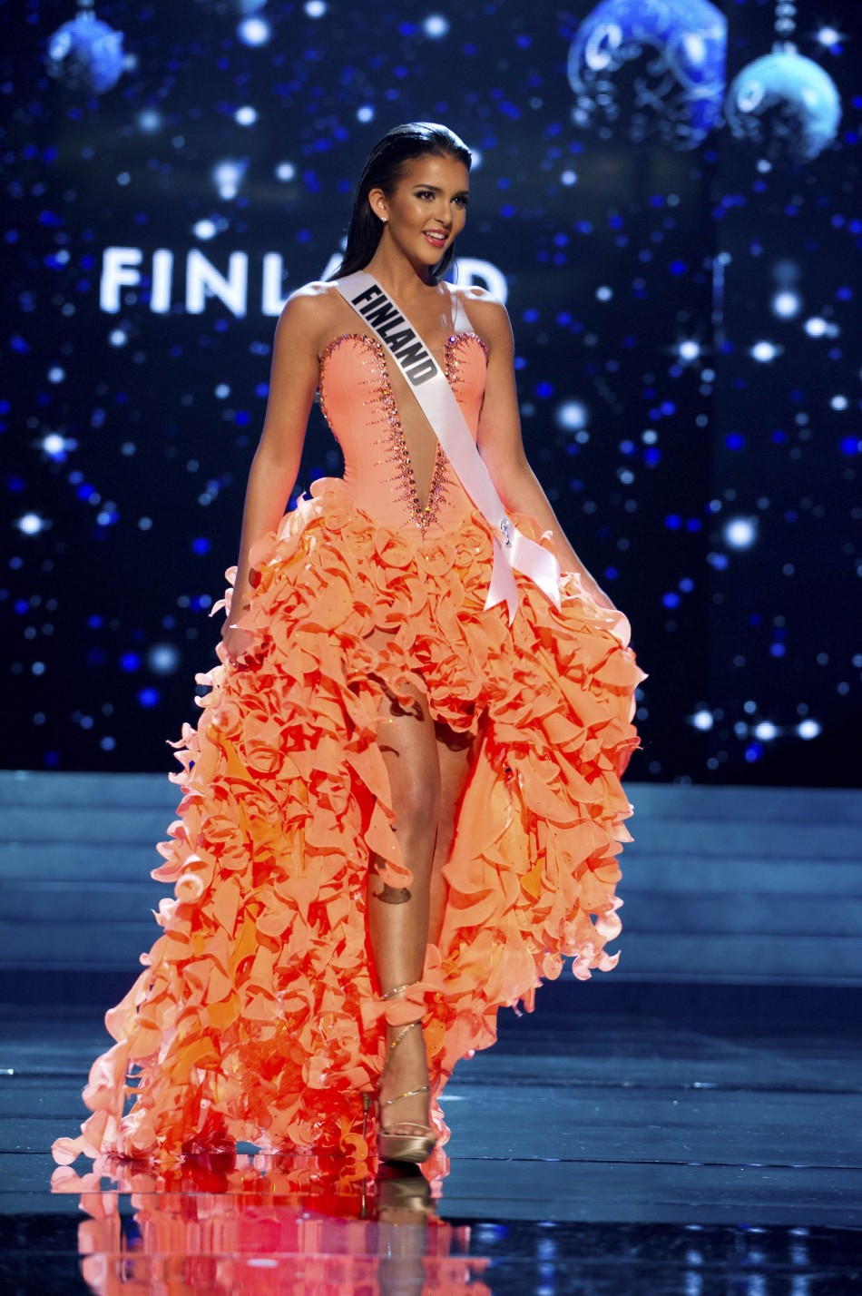 Miss Finland 2012 Chafak competes in an evening gown of her choice during the Evening Gown Competition of the 2012 Miss Universe Presentation Show in Las Vegas