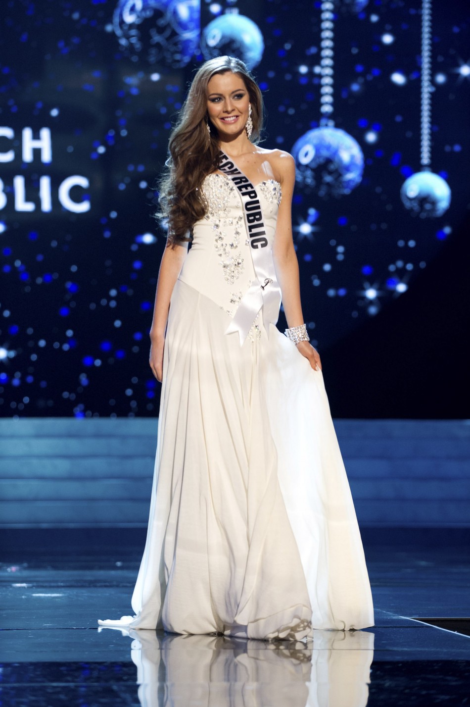 Miss Czech Republic 2012 Chlebovska competes in an evening gown of her choice during the Evening Gown Competition of the 2012 Miss Universe Presentation Show in Las Vegas