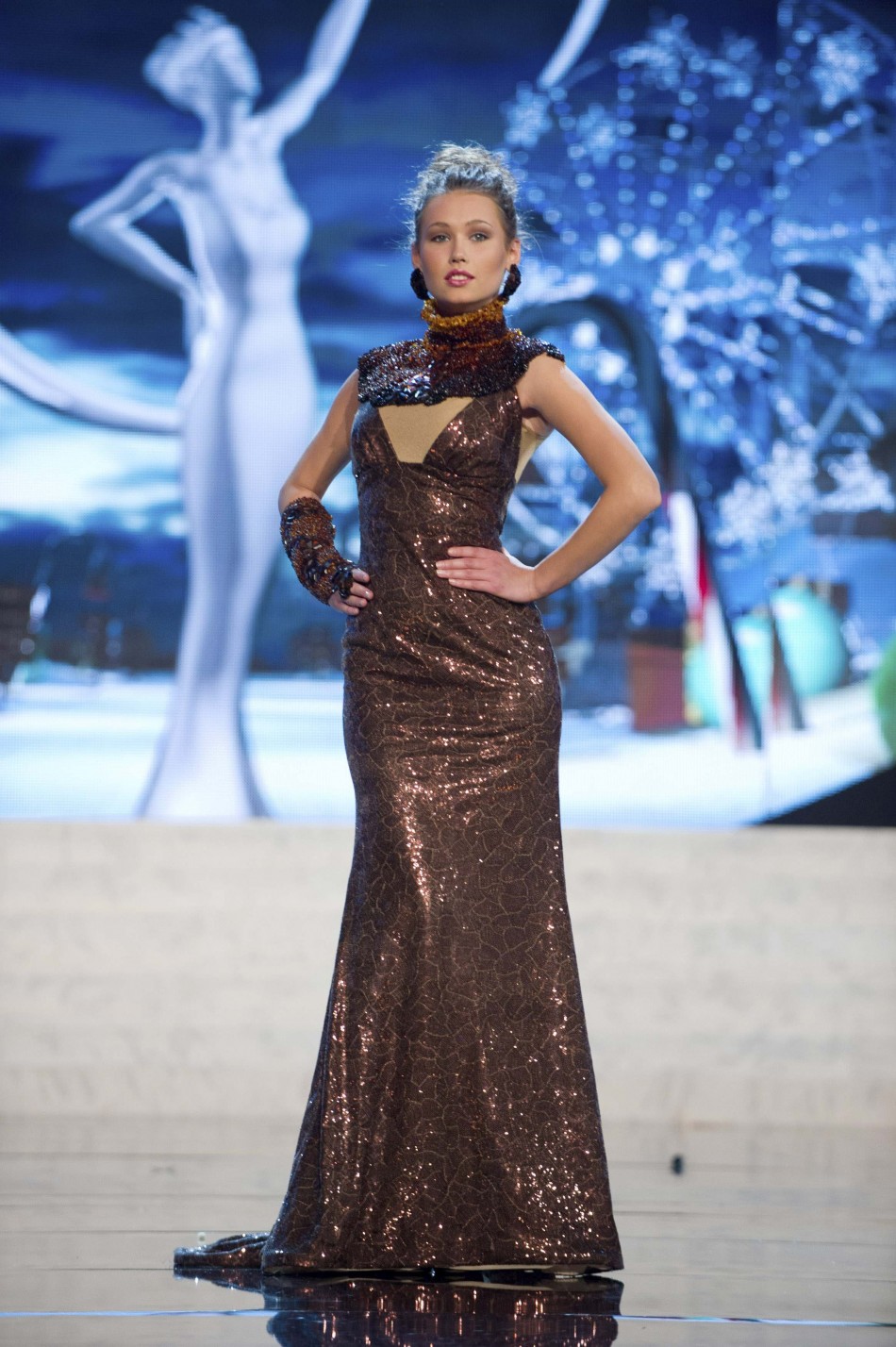 Miss Lithuania Greta Mikalauskyte on stage at the 2012 Miss Universe National Costume Show at PH Live in Las Vegas