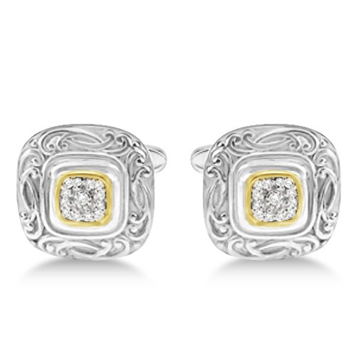 Vintage Engraved Diamond Cuff Links in 14k Yellow Gold  Sterling Silver