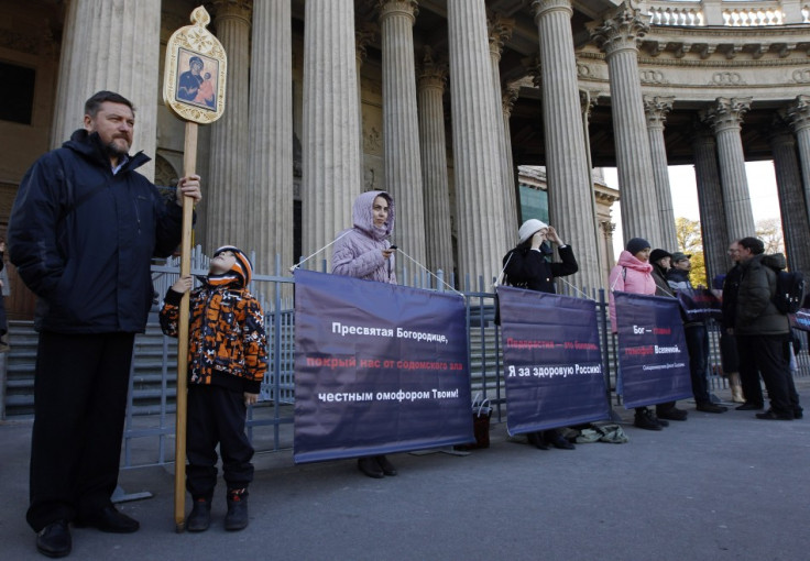 Orthodox supporters protest against homosexuality in front the Kazan cathedral in St. Petersburg