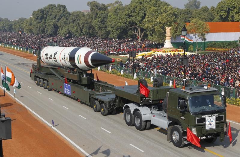A surface-to-surface Agni V missile is displayed during the Republic Day parade in New Delhi January 26, 2013.