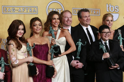 The cast of Modern Family hold their awards for outstanding performance by an ensemble in a comedy series backstage at the 19th annual Screen Actors Guild Awards in Los Angeles, California The cast of Modern Family hold their awards for outstanding performance by an ensemble in a comedy series backstage at the 19th annual Screen Actors Guild Awards in Los Angeles, California