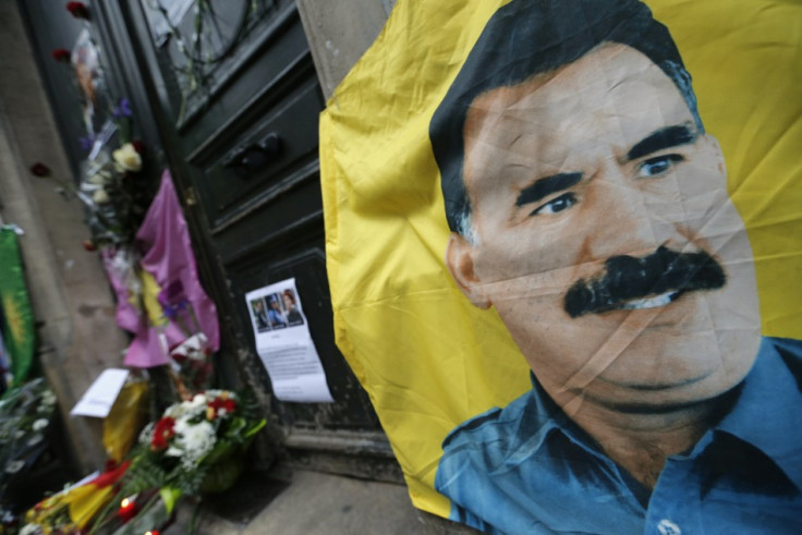 A flag with the portrait of jailed Kurdistan Workers Party (PKK) leader Abdullah Ocalan