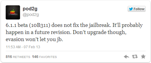 iOS 6.1.1 Beta Release: Pod2g Confirms New Update Does Not Patch evasi0n Jailbreak iOS 6.1.1 Beta Release: Pod2g Confirms New Update Does Not Patch evasi0n Jailbreak
