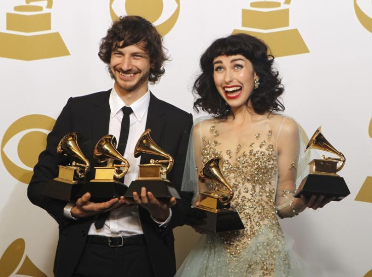 Gotye (L) and Kimbra pose with the awards they won for Record of the Year and Best Pop Duo/Group Performance for "Somebody That I Used to Know" backstage at the 55th annual Grammy Awards in Los Angeles, California February 10, 2013. Gotye also w