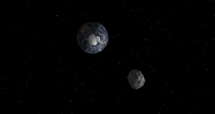 NASA computer generated image of the 2012 DA14 asteroid passing earth.
