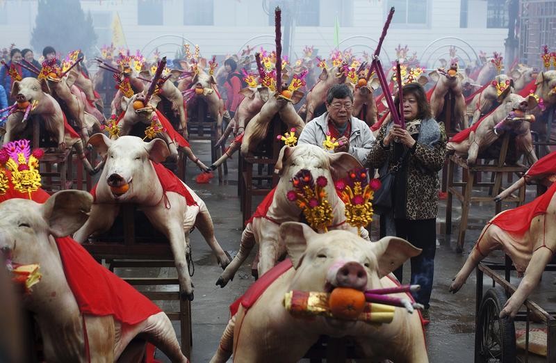 Visitors pray among slaughtered pigs holding incenses and tangerines in their mouths as offering during a Spring Festival praying ceremony in Nanan, Fujian province February 14, 2013. The Lunar New Year, or Spring Festival, began on February 10 and marks