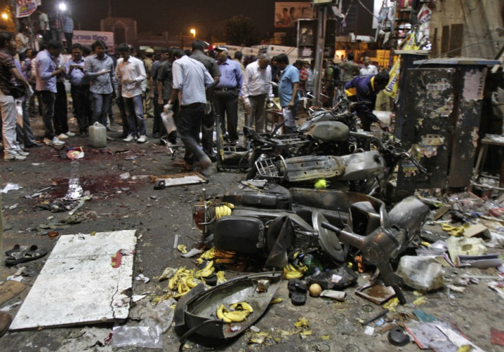Police examine the site of an explosion at Dilsukh Nagar, in the southern Indian city of Hyderabad (Reuters)