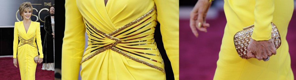Two-time Oscars winner Jane Fonda, wearing a yellow Versace gown, arrives at the 85th Academy Awards in Hollywood, California February 24, 2013. Detail view of the dress worn by actress and the bag.