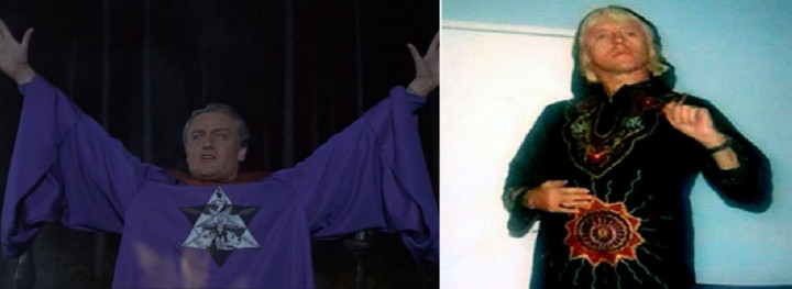 Savile (R) dressed in Occultish robe, like garment worm by actor Charles Gray in 60s horror flick, The Devil Rides Out Savile (R) dressed in Occultish robe, like garment worm by actor Charles Gray in 60s horror flick, The Devil Rides Out
