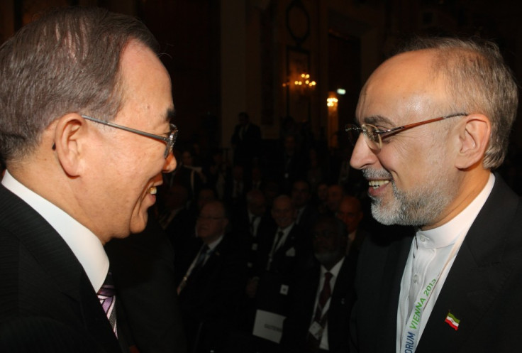 U.N. Secretary General Ban Ki-moon (L) talks with Iran's Foreign Minister Ali Akbar Salehi at the beginning of the fifth United Nations Alliance of Civilizations (UNAOC) forum in ViennaU.N. Secretary General Ban Ki-moon (L) talks with Iran's Foreign Minis