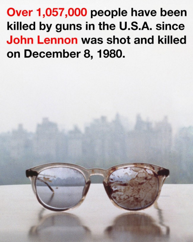 John Lennon’s blood-stained glasses were posted on Twitter by Yoko Ono to highlight stricter gun control in the US. (Picture: Twitter/@yokoono) John Lennon’s blood-stained glasses were posted on Twitter by Yoko Ono to highlight stricter gun control in the US. (Picture: Twitter/@yokoono)