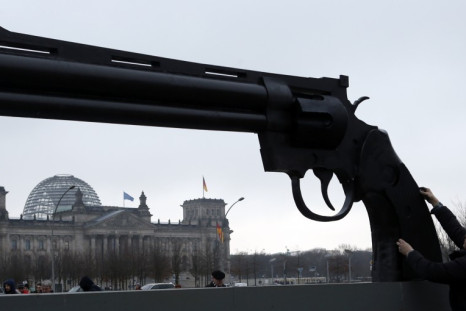 Swedish artist Carl Frederik Reutersvaerd sculpture's "Non-Violence" against the German arms trade (Reuters)
