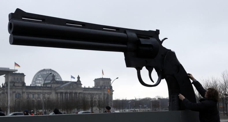 Swedish artist Carl Frederik Reutersvaerd sculpture's "Non-Violence" against the German arms trade (Reuters)