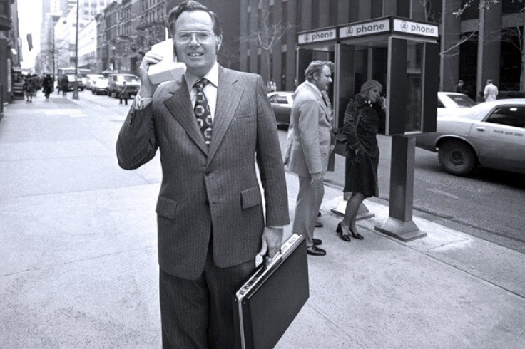 Motorola Vice President John F. Mitchell shows off the DynaTAC portable radio telephone in  New York City in 1973.